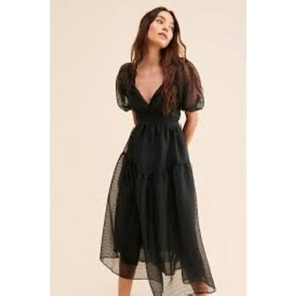 NWT Free People Hailey Puff Sleeve Sheer Midi Dress Black Size 12 $168 Romantic - Picture 2 of 11